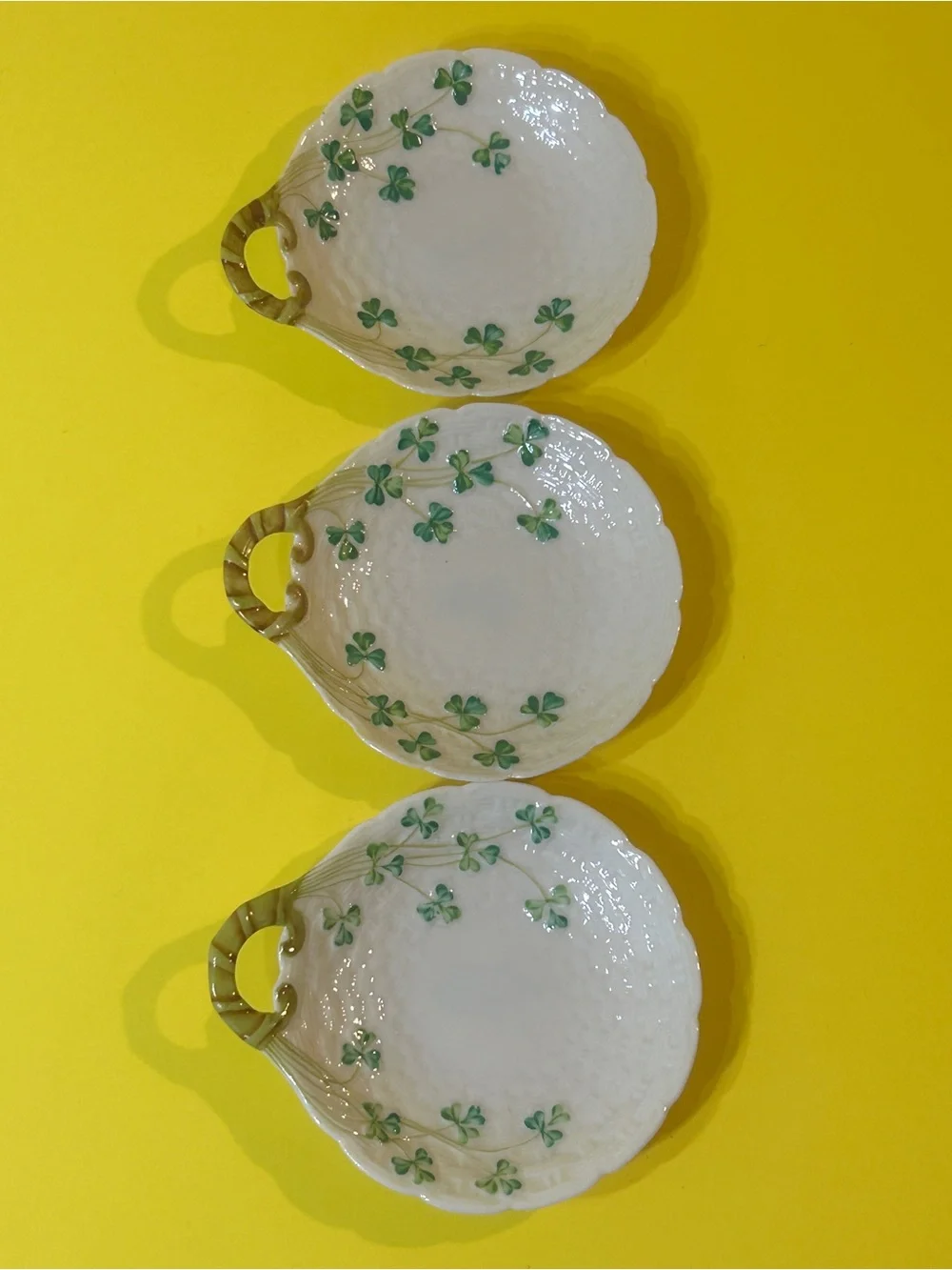 Set of 3 Belleek Shamrock Handled Butter Server Green Mark Spoon Rest - Candy